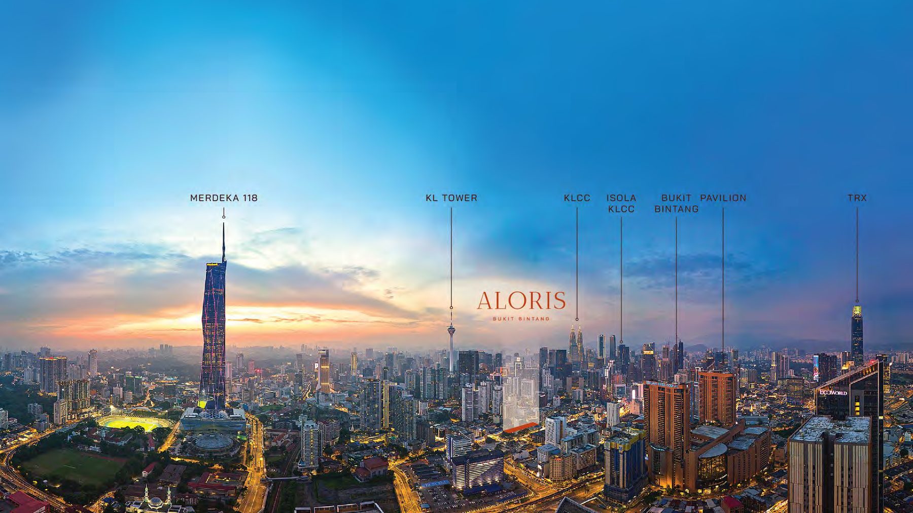 Aerial skyline view showing Aloris Bukit Bintang location relative to Merdeka 118, KL Tower, KLCC, Isola KLCC, Pavilion and TRX