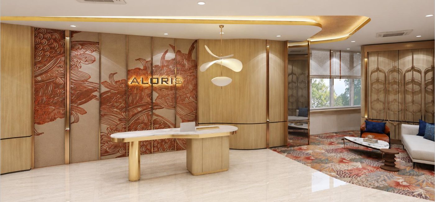 Aloris branded lobby interior render with ALORIS signage wall